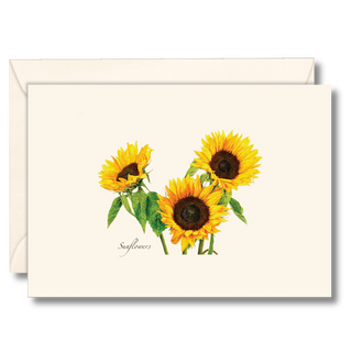 Sunflowers notecard showcasing three bright blooms, printed on recycled paper