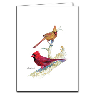 Cardinal pair greeting card inspired by winter scenes, printed on recycled paper in the USA