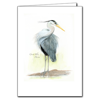Great blue heron greeting card reflecting calm wetland habitats, made in the USA
