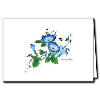 Morning glory greeting card showcasing climbing blooms, blank inside and printed on recycled paper