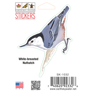 Whitebreasted nuthatch stickers on durable vinyl showing a North American songbird